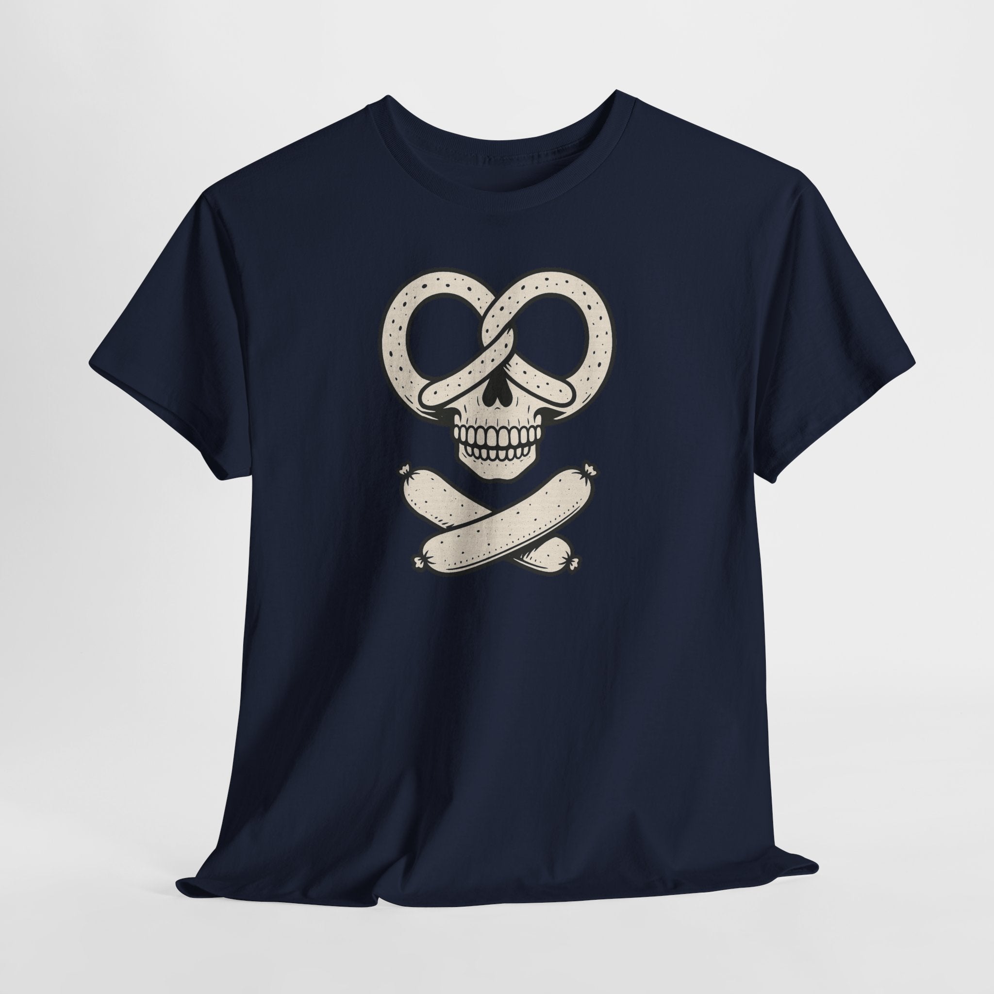 Brezel Totenkopf – Bayerisches Funshirt mit Würstchen Crossbones Shirt