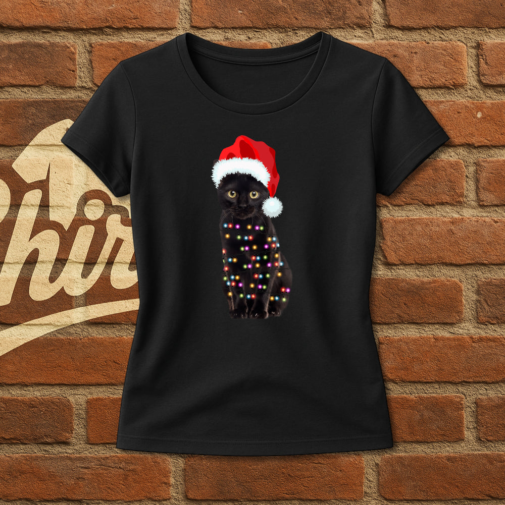 Weihnachtskatze Shirt – Lustiges Xmas T-Shirt mit Lichterkette