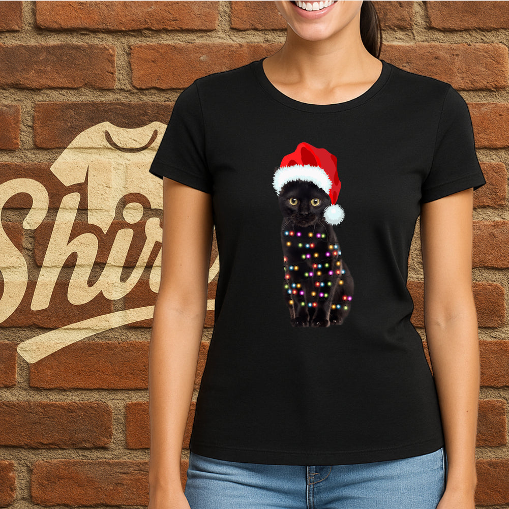 Weihnachtskatze Shirt – Lustiges Xmas T-Shirt mit Lichterkette