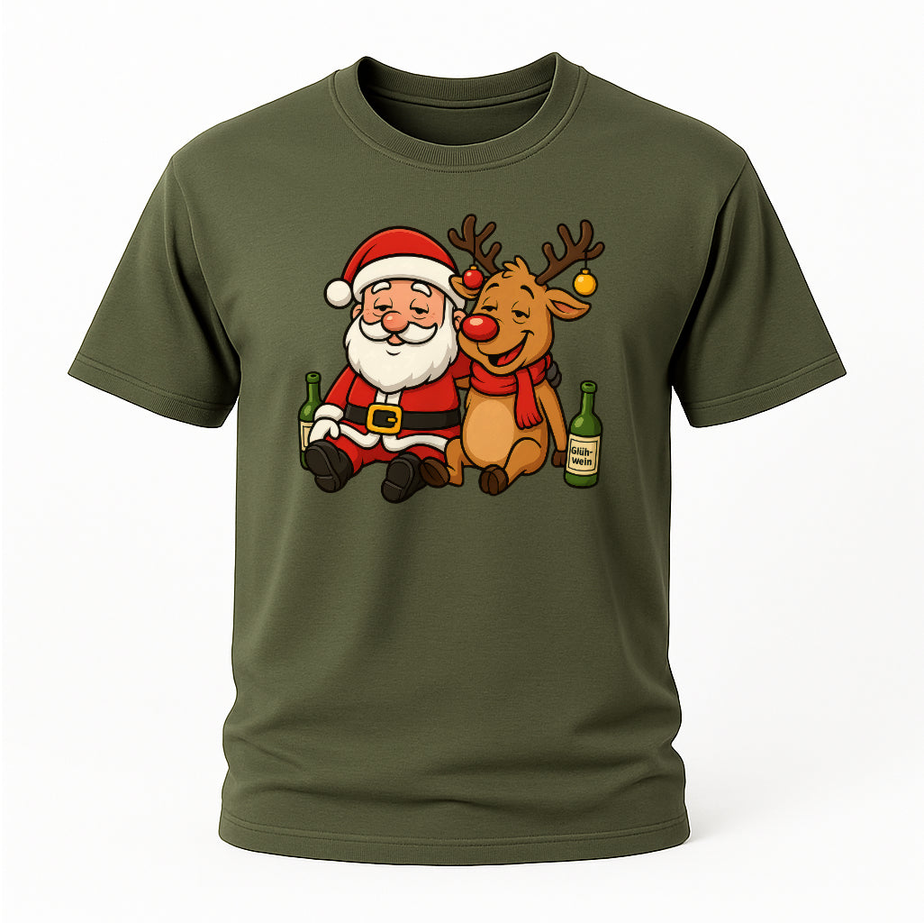 Betrunkener Santa & Rentier – Lustiges Glühwein Weihnachts-Shirt