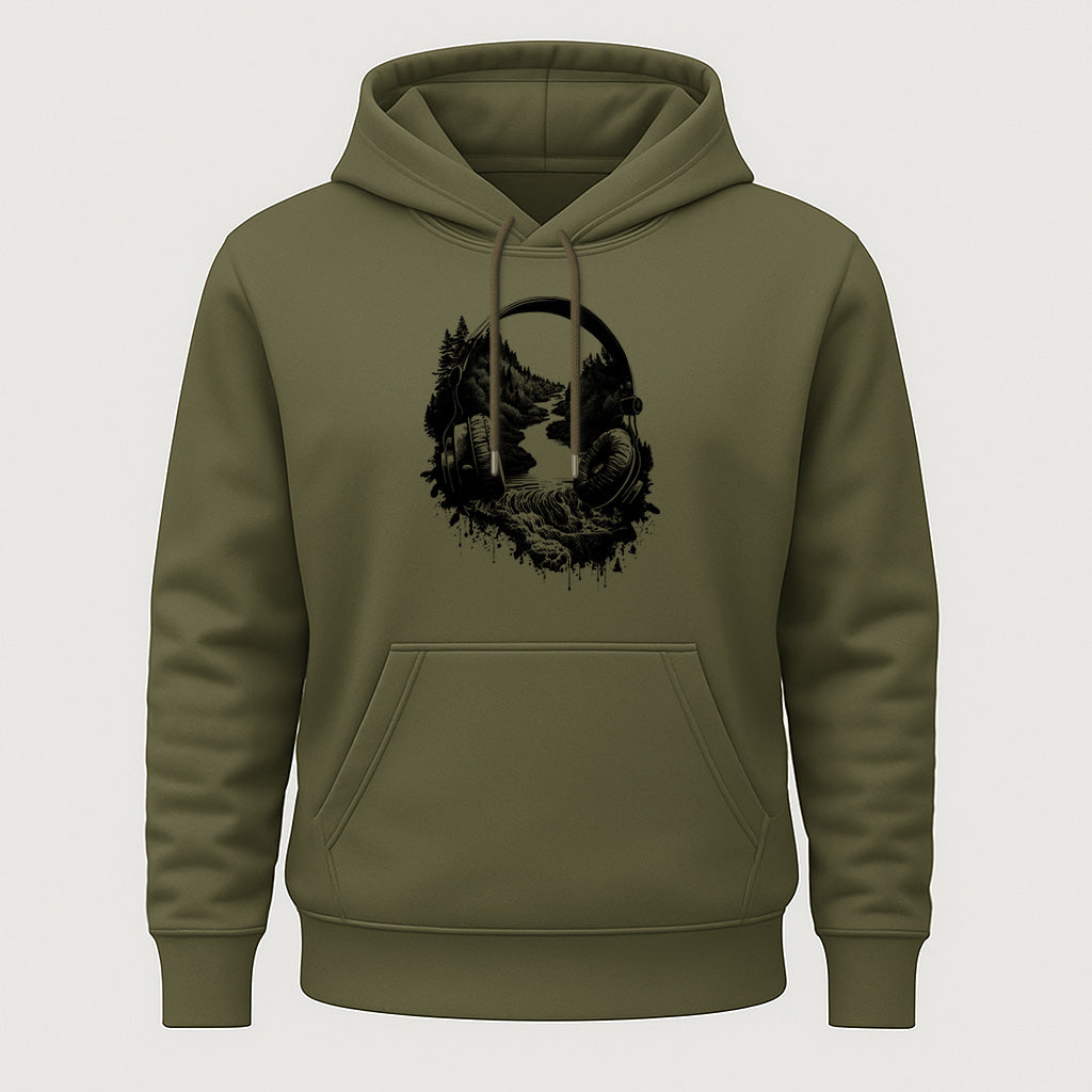 Musik & Natur Hoodie – Kopfhörer Landschaft Motiv – Hoodie für Musikliebhaber