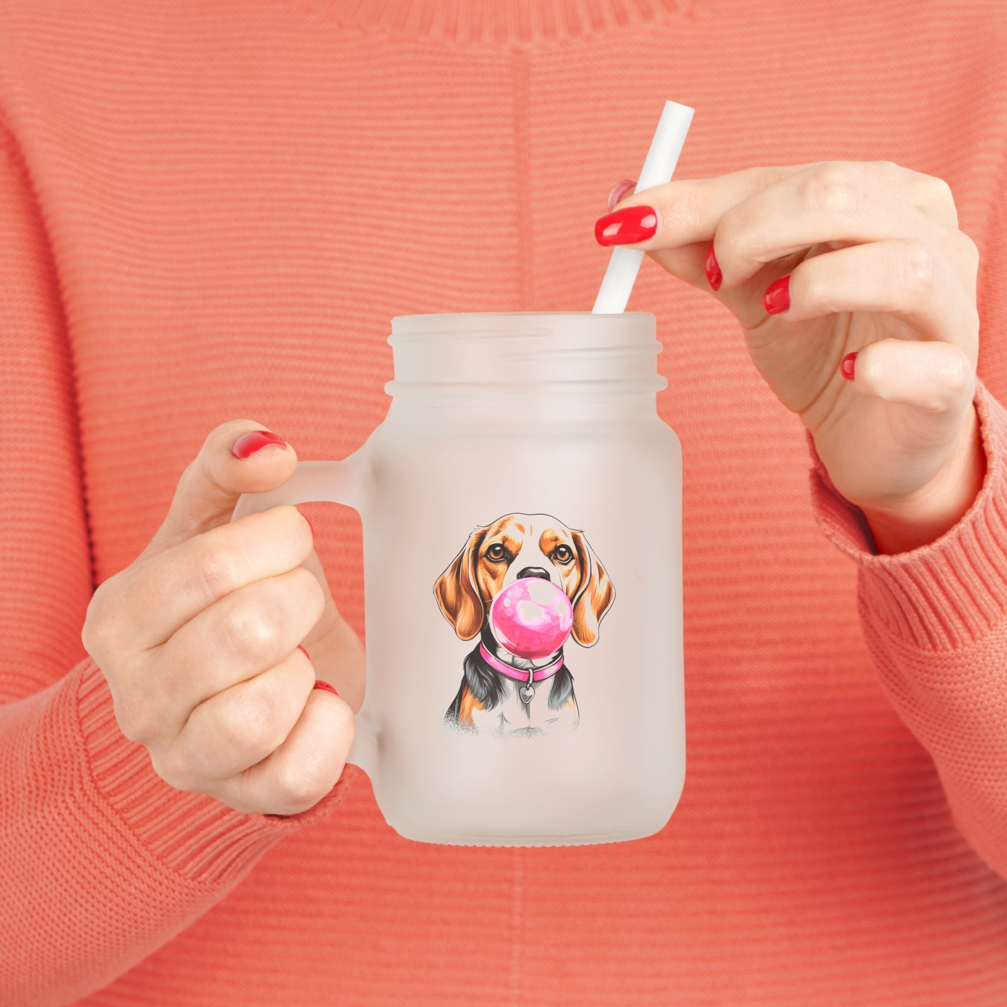 Funny Dog – Beagle mit rosa Bubblegum - Trinkglas aus satiniertem Glas frosted look