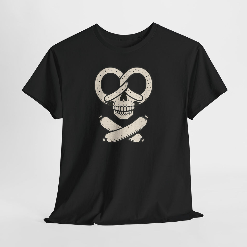 Brezel Totenkopf – Bayerisches Funshirt mit Würstchen Crossbones Shirt