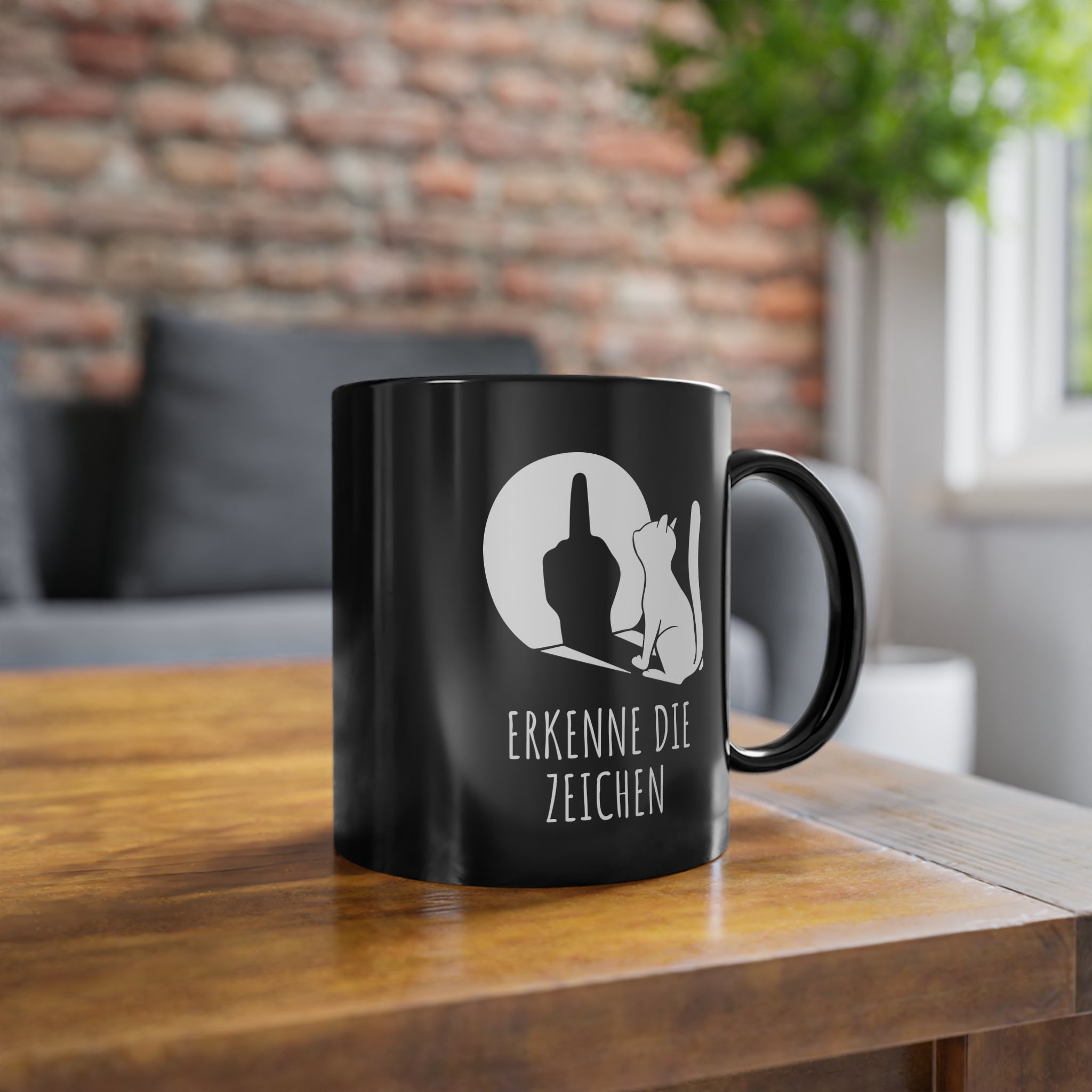 Lustige Katze Schatten Mittelfinger Erkenne die Zeichen Kaffee Tasse